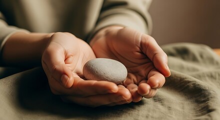 Delicate Stone in Gentle Hands: A close-up showcases a person's hands tenderly cradling a smooth, grey stone, evoking feelings of serenity and mindfulness. 