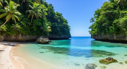 Paradise Beach: A breathtaking tropical beach framed by lush greenery, inviting turquoise water, and a cloudless blue sky, creating a serene and idyllic coastal scene.