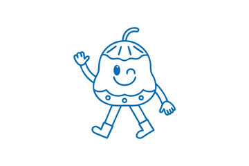 Outlined cartoon plum is joyfully walking, waving, and winking with blue lines