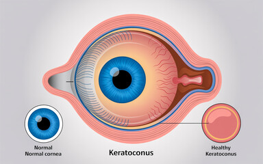 Keratoconus eye condition illustration showing normal and diseased cornea