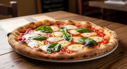 Pizza Perfection: A close-up shot of a delectable pizza, artfully arranged with fresh basil leaves, melted mozzarella, and a vibrant tomato sauce on a wooden table, epitomizing the perfect slice.