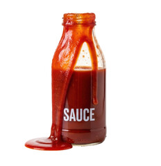 A bottle of sauce with sauce dripping down the side and the word sauce on the bottle