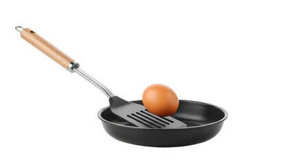 An egg sitting on a spatula inside of a frying pan against a plain transparent background view