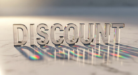 Discount text in transparent glass letters with rainbow reflections on white surface