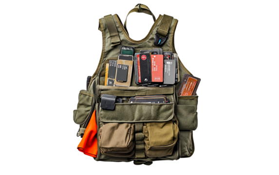 Professional photojournalist equipped with gear and memory storage demonstrating preparedness and mobility isolated on white background PNG