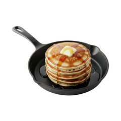 Stack of pancakes with butter and syrup in a black skillet against a transparent background
