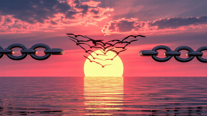Flock of birds breaking free from chains at sunset over ocean