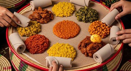 Ethiopian Culinary: A vibrant ensemble of Ethiopian cuisine, artfully arranged on a traditional woven platter, offering a taste of cultural richness and culinary excellence.