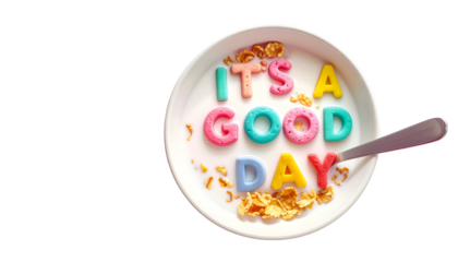 A bowl of cereal with colorful letters spelling "It's A Good Day" with a spoon