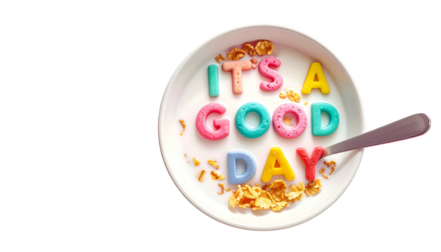 A bowl of cereal with colorful letters spelling "It's A Good Day" with a spoon