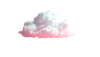 Fluffy cumulus cloud, pink and white hues, isolated against a stark black background