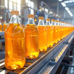 Bottled Orange Soda on Conveyor Belt in Factory.
