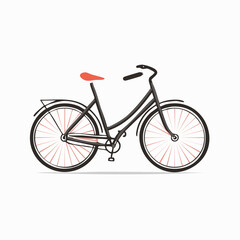 Stylish black bicycle with red seat and wheels on white background