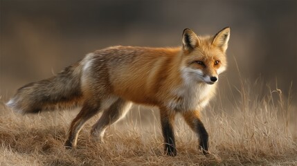 Fototapeta premium Majestic Red Fox Strolls Through Golden Dry Grass Under Soft, Warm Light