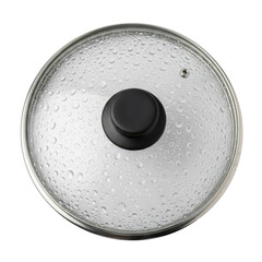 Close up of a clear glass pot lid with water droplets and a black knob on a transparent background