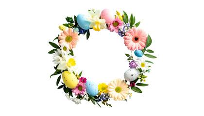 Naklejka premium A circular wreath of pastel flowers and speckled Easter eggs against a black background