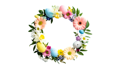 A circular wreath of pastel flowers and speckled Easter eggs against a black background