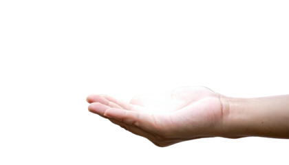 A right hand is outstretched and open against a stark black backdrop