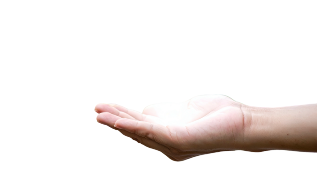 A right hand is outstretched and open against a stark black backdrop