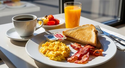 A Delectable Morning: A mouthwatering breakfast spread is meticulously arranged on a table, including scrambled eggs, crispy bacon, toast, and fresh fruit.