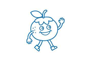 Playful orange fruit character walks while joyfully waving its hand in blue outline