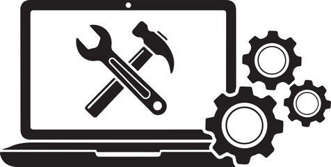 Laptop computer with crossed wrench and hammer surrounded by gears vector