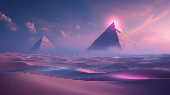 Mystical Pyramids in a Vibrant Neon Desert Under a Glowing Pink Sun