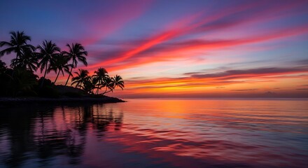 Tropical Sunset Panorama: A breathtaking view unfolds as the sun dips below the horizon, painting the sky with fiery hues and casting a radiant glow over the calm water.