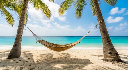 Seaside Serenity: A hammock sways gently between two palm trees, offering a tranquil escape, with the turquoise ocean as a backdrop. 