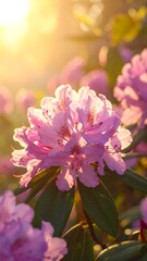 Pink Rhododendron Blooms Bathed in Golden Sunlight.