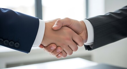 Handshake of Agreement: A close-up view captures the moment of a handshake between two professionals, symbolizing trust, collaboration, and a successful agreement. 