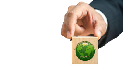 Hand holding wooden block with globe design, "Growth" text against black background