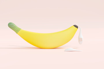 3D illustration of a banana shedding a drop of liquid labeled 'B' (for Vitamin B) helps strengthen sperm in a minimalist, pastel pink setting, representing nutrition and supplements. 3d render.