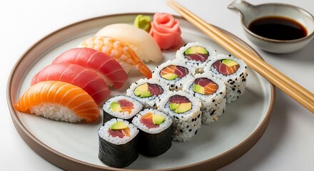 Sushi Variety: A beautifully arranged plate showcases a variety of sushi rolls, nigiri, and accompaniments, a feast for the eyes and a delight for the palate.