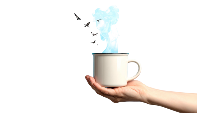 A hand holds a white mug with swirling blue steam emerging against a stark black background