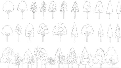 Minimal style cad tree line drawing, Side view, set of graphics trees elements outline symbol for architecture and landscape design drawing. Vector illustration. outdoor forest garden section