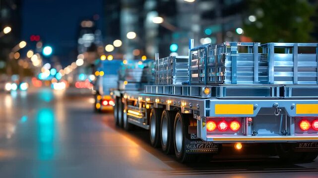 Transportation logistics &mdash; modular sections securely fastened on flatbed trailers, reflective safety lights shining, defocused distant traffic, with copy space.