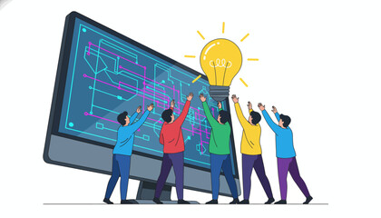 Team Collaboration and Digital Innovation: Diverse Group Reaching for a Lightbulb Idea Emerging from a Tech Monitor