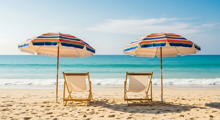 Beach Chairs Under Umbrellas: Two empty beach chairs sit peacefully under striped umbrellas, set against the backdrop of a tranquil ocean, offering an invitation to rest and relaxation. 