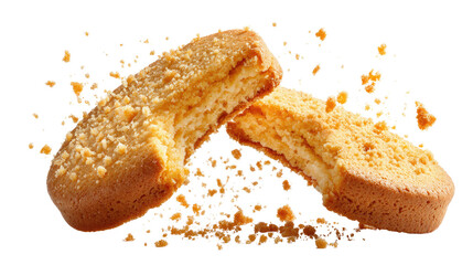 Biscuits broken into two halves with scattered falling crumbs showing crunchy texture and tasty snack detail isolated on white background
