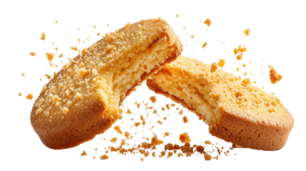 Biscuits broken into two halves with scattered falling crumbs showing crunchy texture and tasty snack detail isolated on white background
