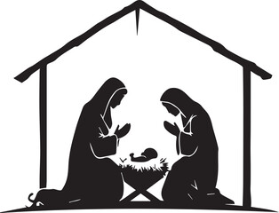 Nativity scene under stable silhouette — black and white illustration of Mary, Joseph, and baby Jesus with prayerful reverence