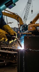 Photograph of a welder working on a metal beam at a construction site with sparks.