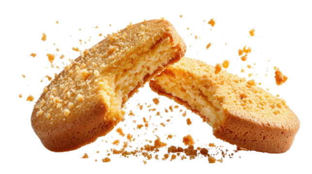 Biscuits broken into two halves with scattered falling crumbs showing crunchy texture and tasty snack detail isolated on white background
