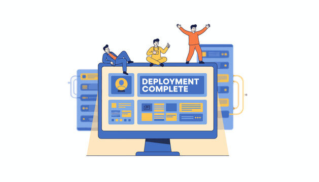 Successful IT Deployment Complete. Happy Development Team Celebrating Software Release and Infrastructure Success.