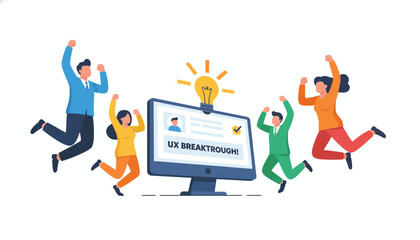 Successful UX Breakthrough! Diverse Team Celebrates Digital Innovation and User Experience Design Achievement with a Lightbulb Idea.
