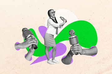 Image trendy art banner pop collage of happy girl hold microphone karaoke occasion chill hands singer performance celebration