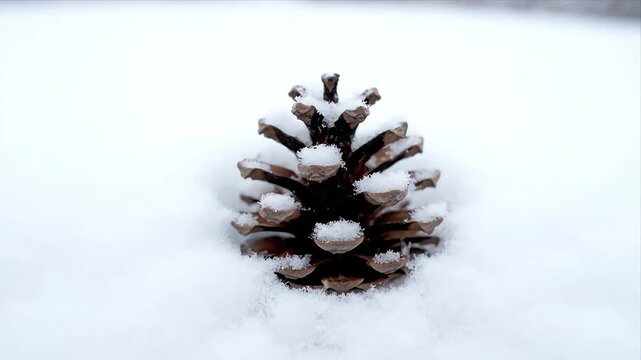 Detailed close-up of a beautiful pinecone covered in fresh white snow during a serene winter day highlighting natures frozen beauty and winter season charm outdor