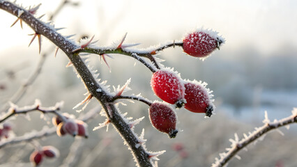A closeup of a rosehip branch covered in frost on a cold winter day, the red berries stand out against the white frost and blurred background