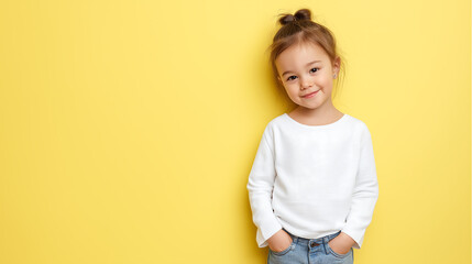 Portrait of cute little girl smiling against yellow background studio